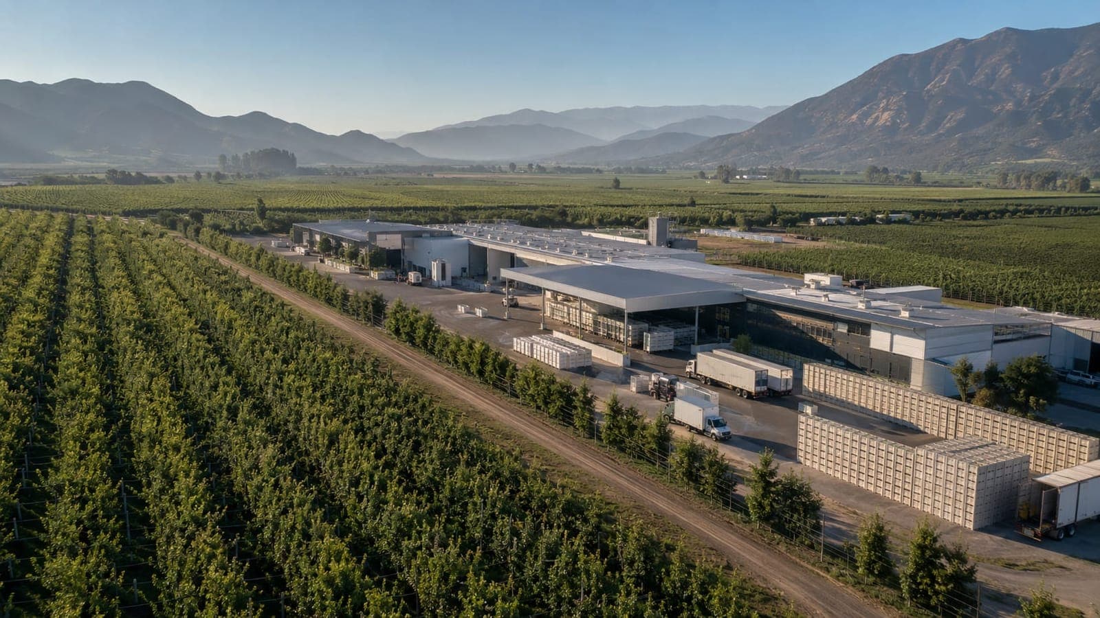 Operación frutícola a escala: hileras de frutales, planta de proceso y logística